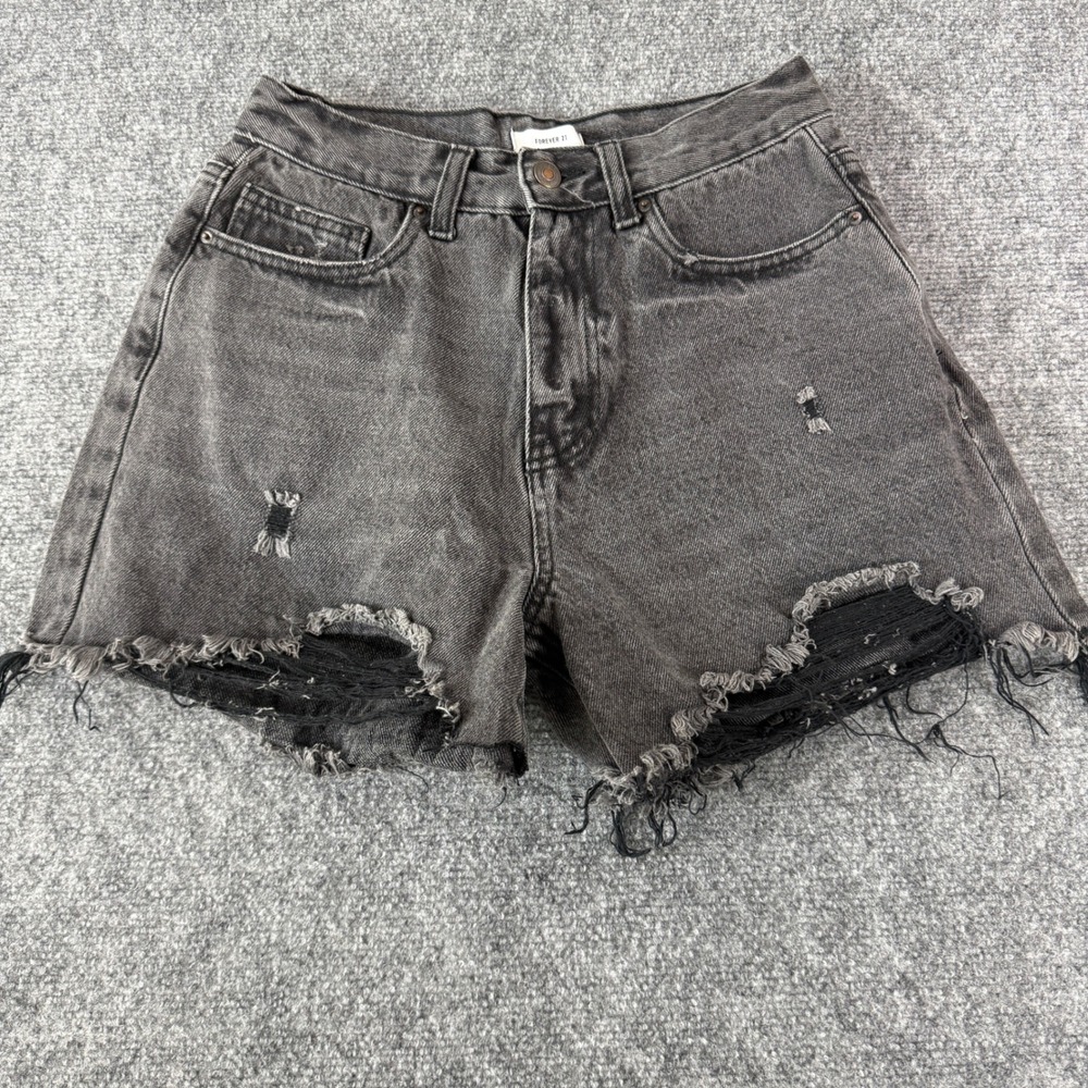 Forever 21 Denim Shorts High Rise Distressed Black Wash 26 Y2K